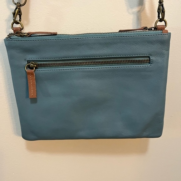 Serrv Leather Purse two Tone Blue & Tan Crossbody Bag Clutch Organizer 7”x10”x2” - Picture 5 of 11